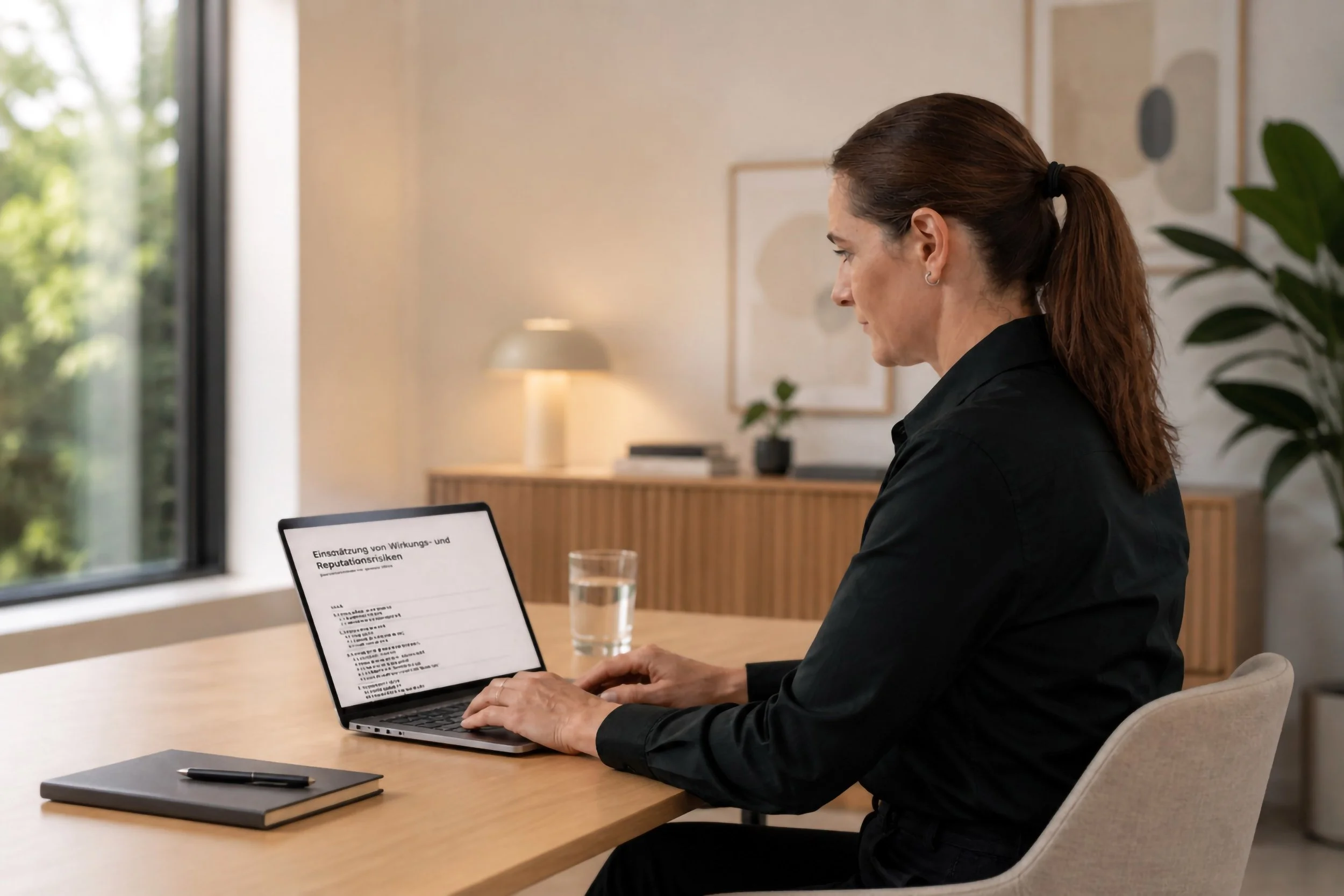 Fabienne Lämmler im schwarzen Hemd arbeitet an einem Laptop in einem modernen Büro. Es ist hell und die Fenster bieten eine grüne Aussicht. Auf dem Tisch liegen ein schwarzes Notizbuch und ein schwarzer Stift.