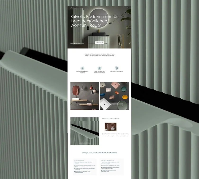 Website für Badezimmerdesign mit Vorschlägen für stilvolle Badezimmermöbel und Accessories, präsentiert auf einer modernen, minimalistischen Website mit grau-weißer Farbpalette.