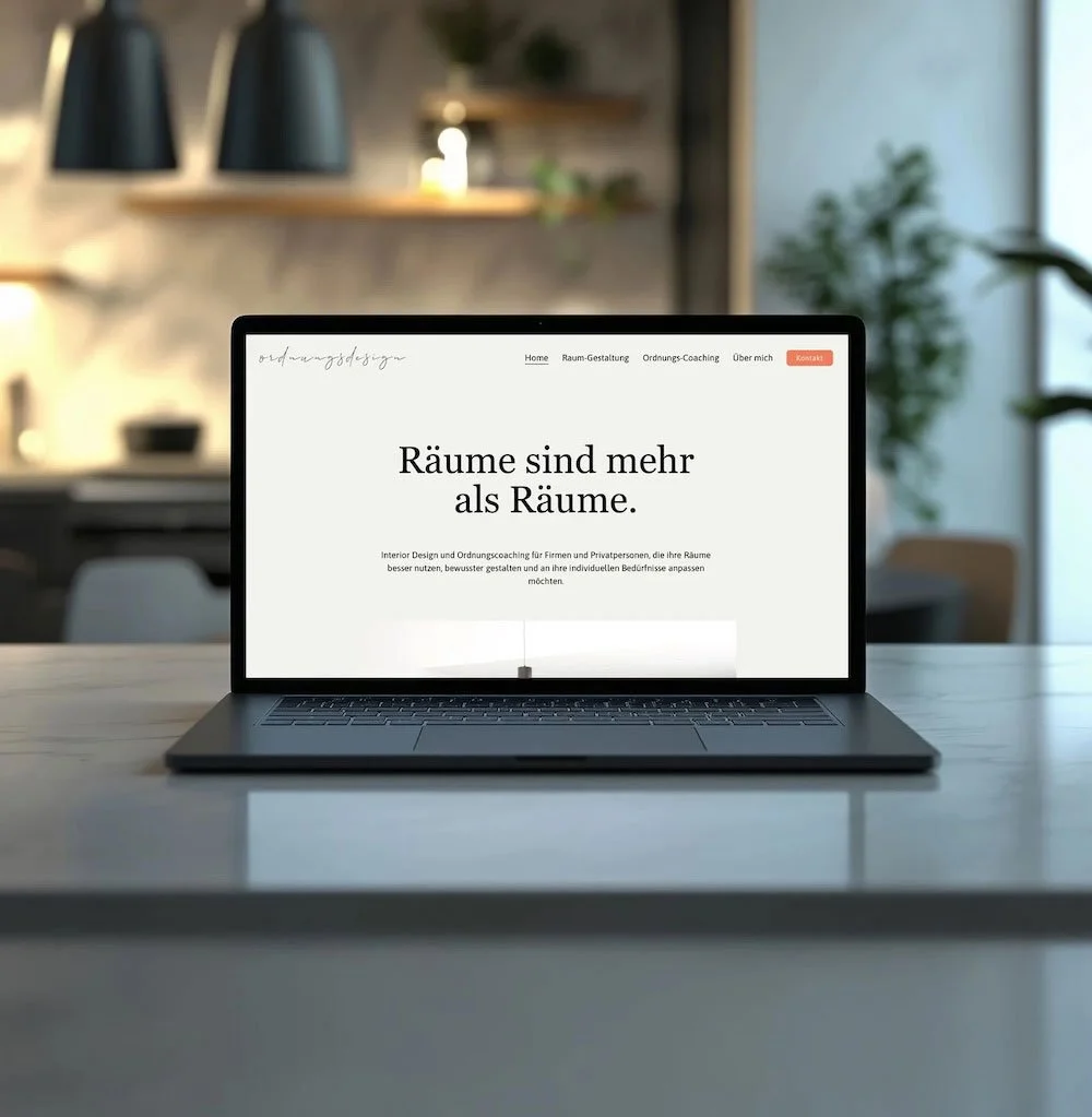 Laptop auf einem Tisch in einem modernen, hellen Raum mit Pflanzen im Hintergrund. Auf dem Bildschirm ist eine Webseite mit dem Titel "Räume sind mehr als Räume."
