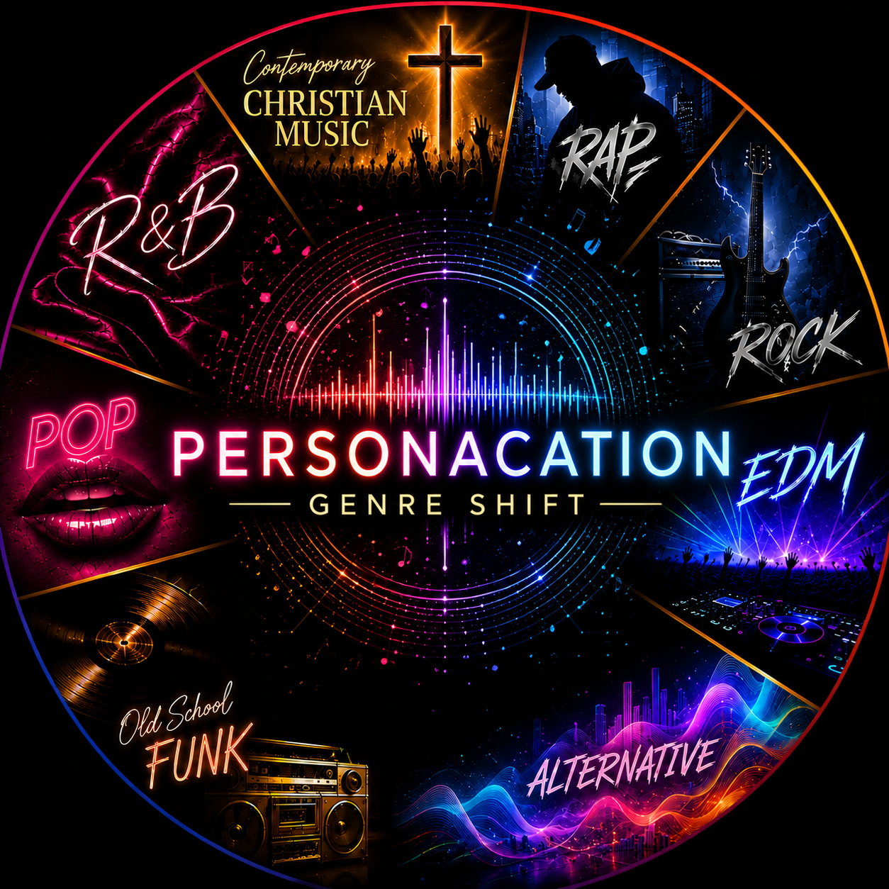 A vibrant graphic promoting a genre shift in music called 'Personacation.' It features categories including contemporary Christian music, rap, rock, EDM, pop, old school funk, and alternative, all depicted with colorful, neon, and musical-themed images.