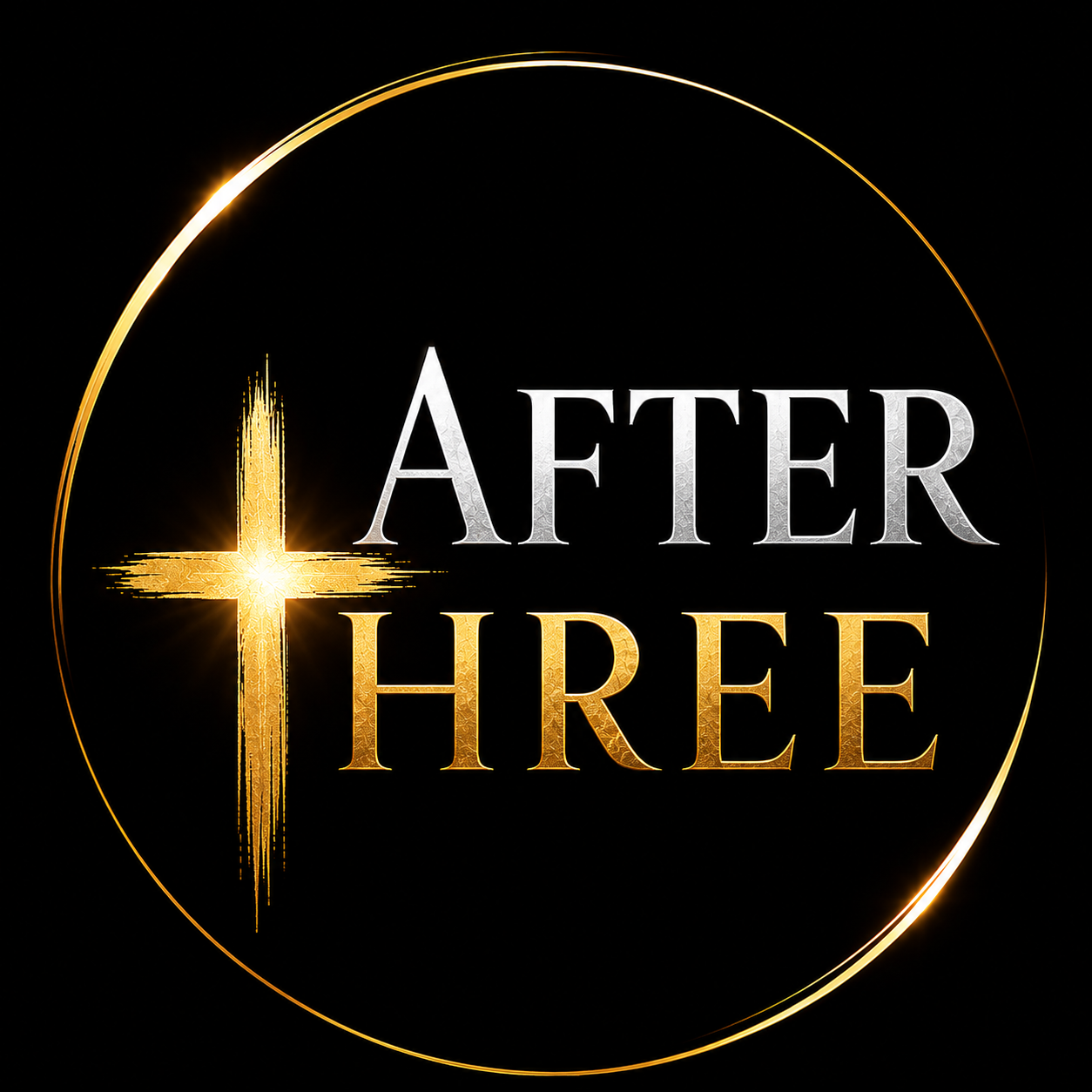 After Three circular logo: After Three Christian music collective logo featuring gold lettering and a glowing cross on a black background.