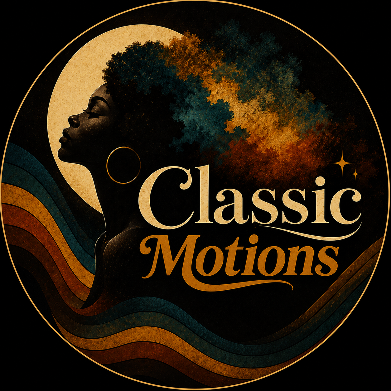 A logo featuring a side profile silhouette of a woman with colorful hair made of abstract swirling patterns, surrounded by a circular border. The text "Classic Motions" is prominently displayed, with "Classic" in elegant cream-colored font and "Motions" in a flowing orange script. The background is black with subtle star-like accents.
