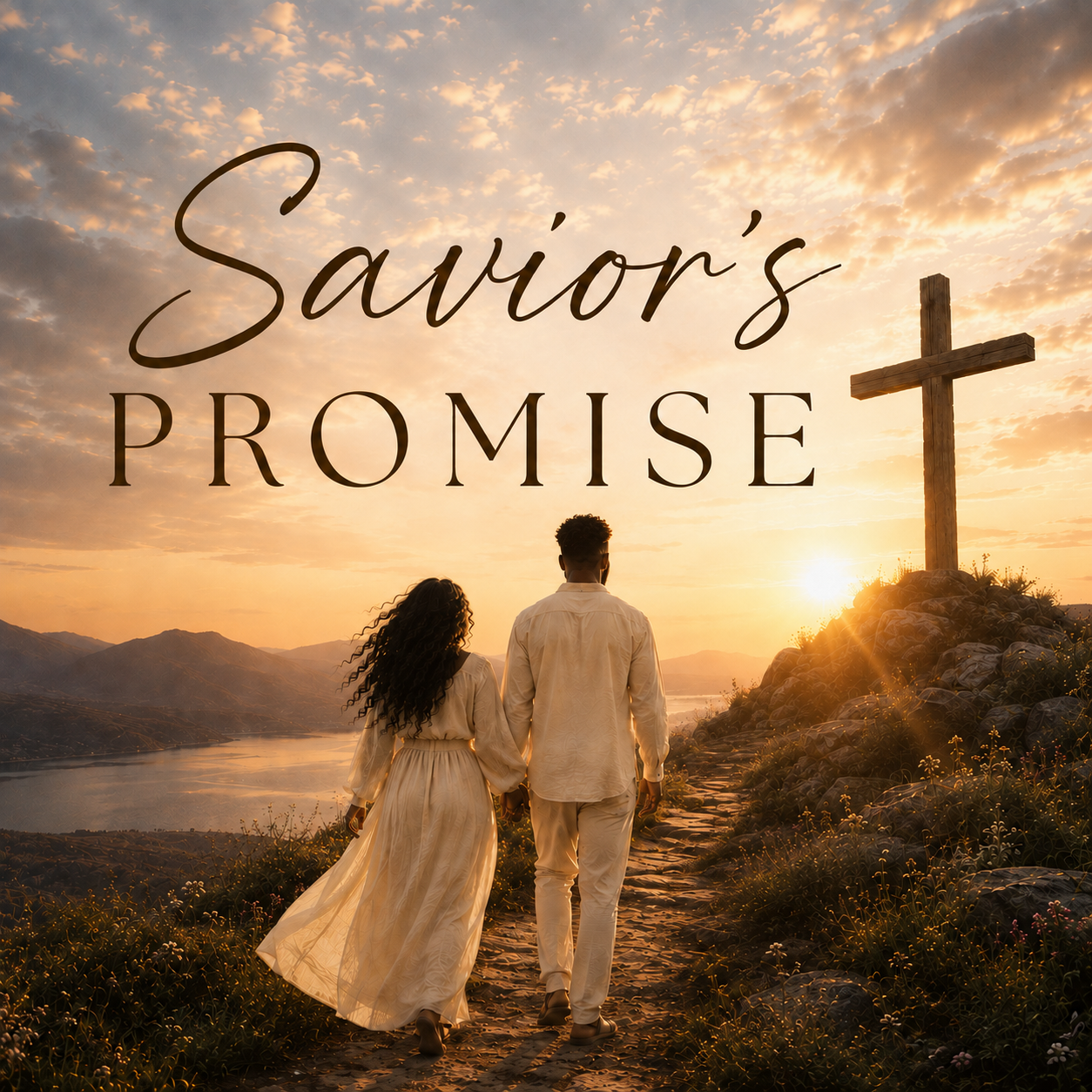 Savior's Promise: Savior's Promise album cover featuring a couple walking toward a cross at sunset, from the Christian music collective After Three.