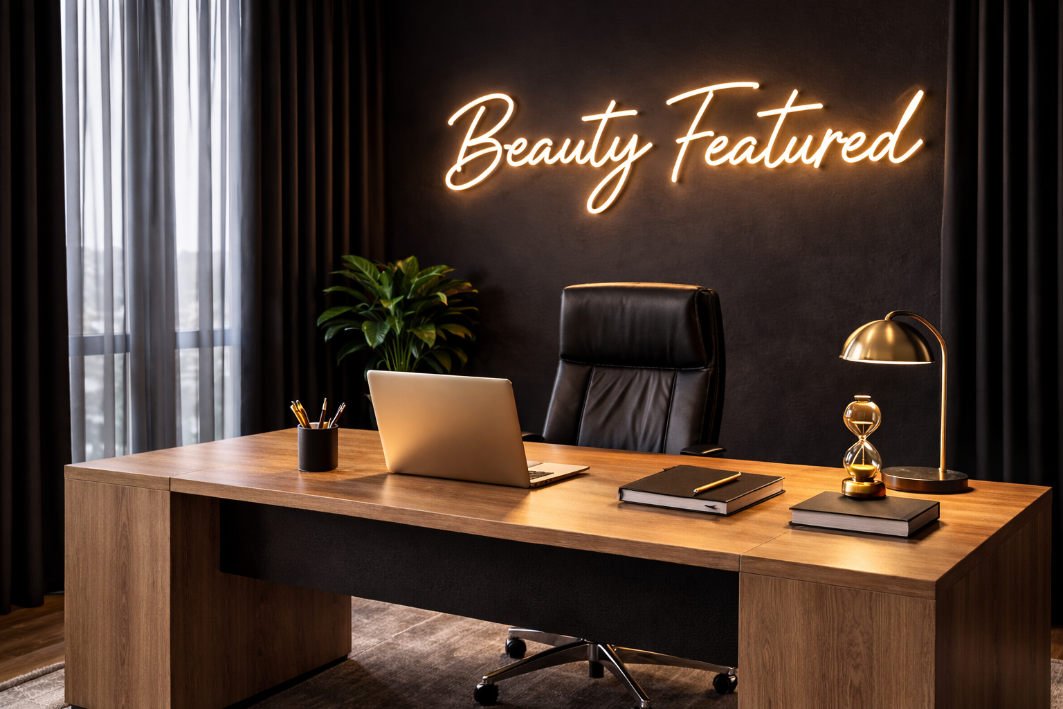 Modern office with wooden desk, black leather chair, laptop, notebooks, gold desk lamp, hourglass, potted plant, and a neon sign reading 'Beauty Featured' on a black wall, with window and curtains on the side.