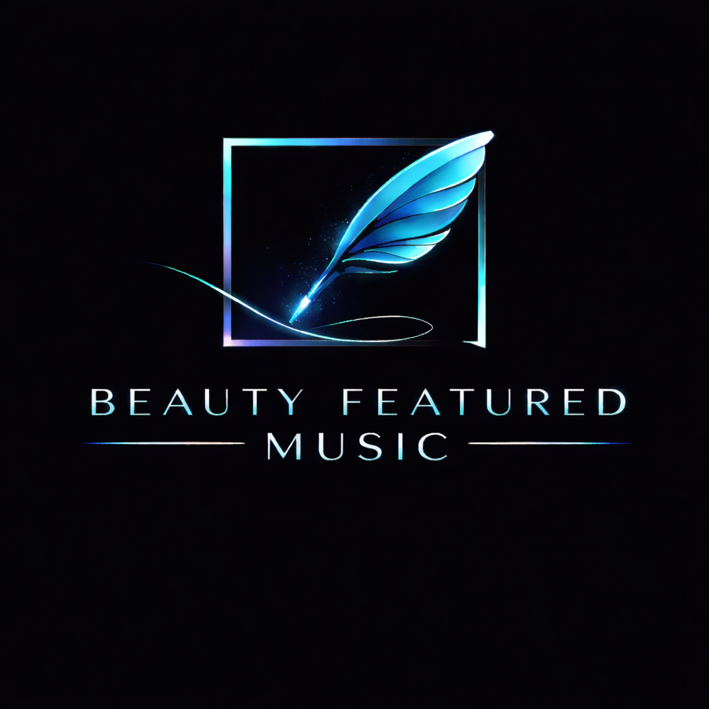 A digital logo featuring a glowing blue feather inside a square outline with sparkles, and the text 'Beauty Featured Music' below.