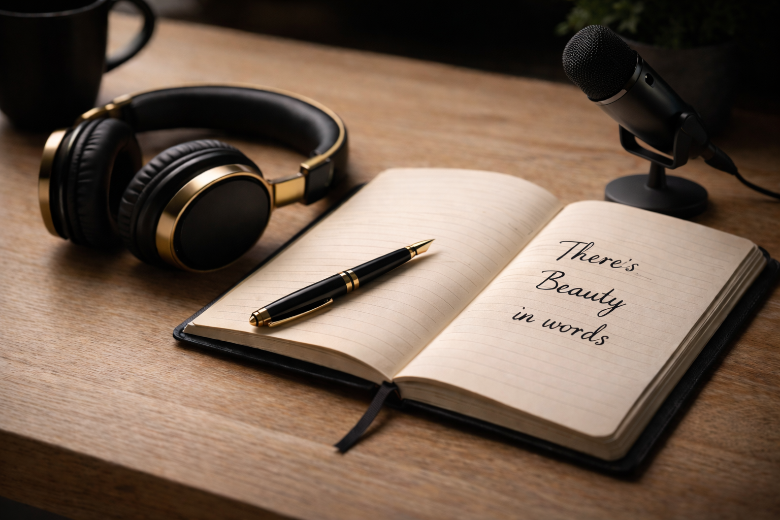 Open notebook with the phrase "There's Beauty in words" written on page, a pen resting on the page, a pair of black and gold headphones, a black microphone on a small stand, and a black mug on a wooden desk.