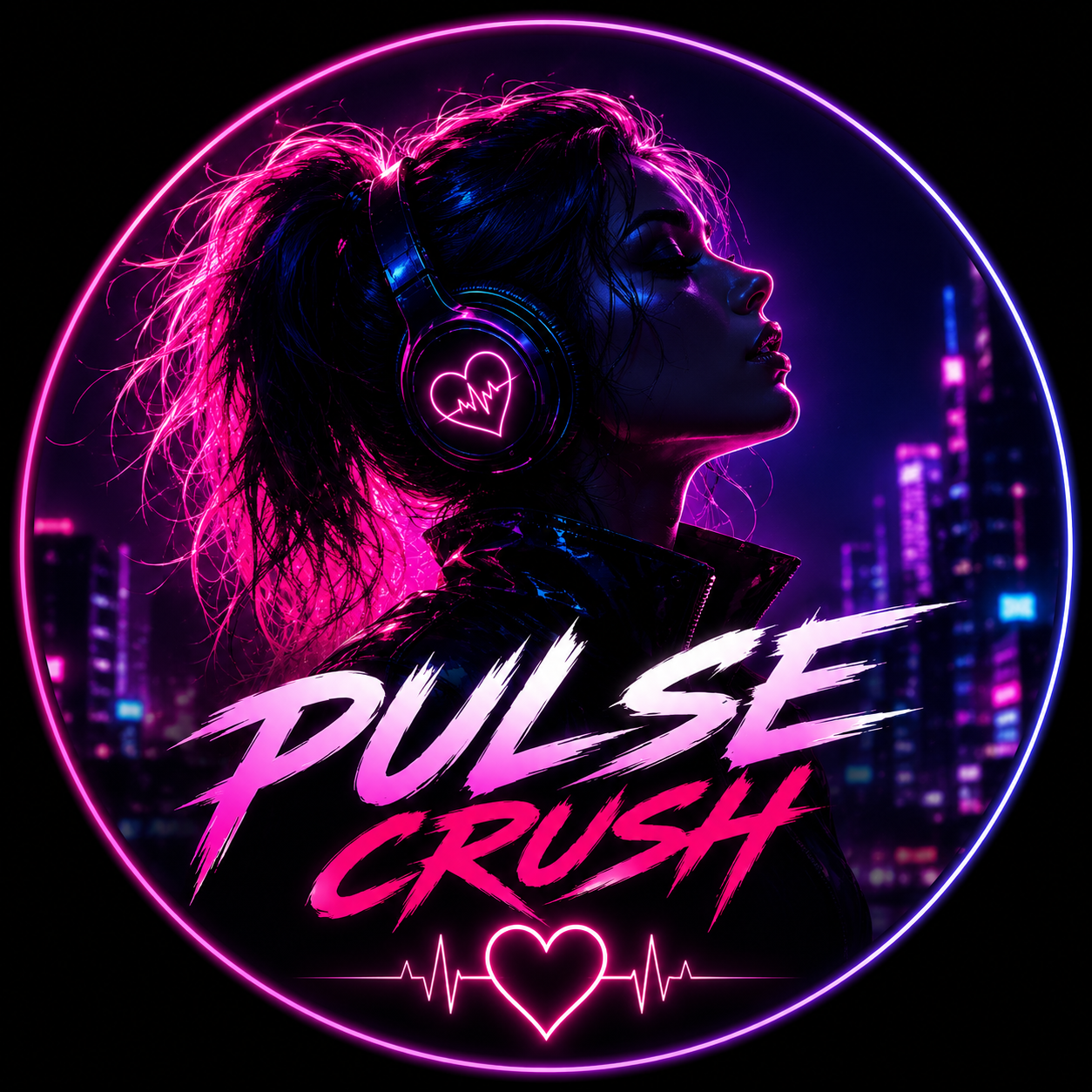 A neon-lit digital artwork of a woman with wet hair, wearing headphones with a heart and heartbeat symbol, set against a city skyline at night with pink and purple neon accents, and the words 'Pulse Crush' in bold, stylized font.