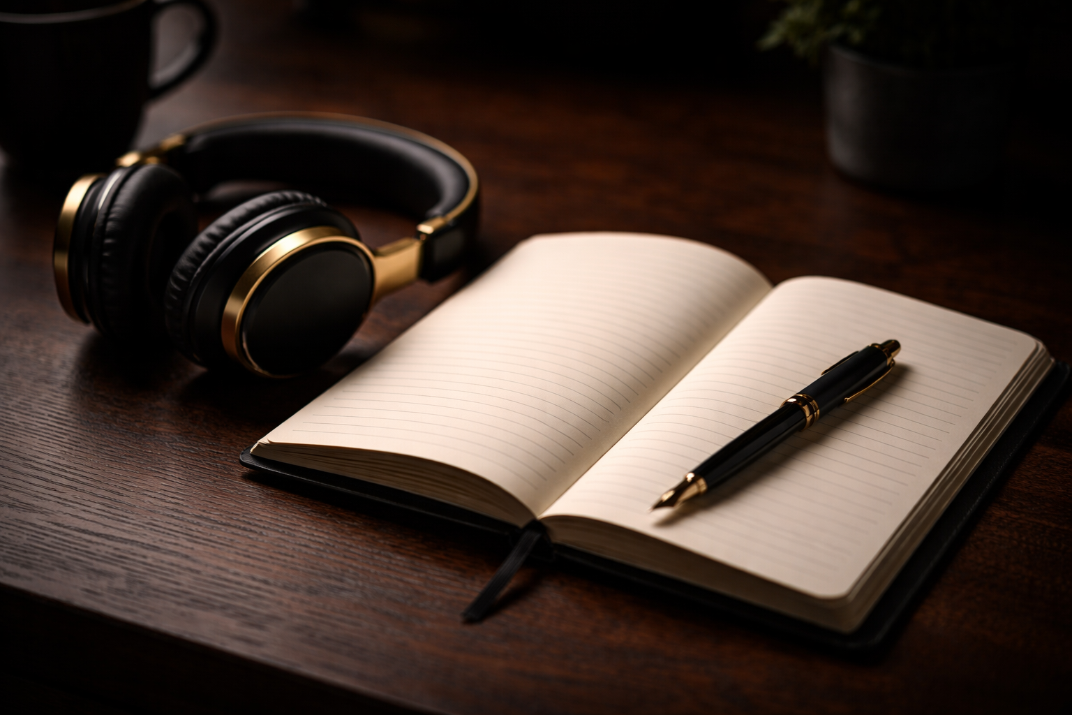 Black and gold over-ear headphones, an open lined notebook, and a black and gold pen on a wooden desk with a small potted plant and a coffee mug in the blurred background.