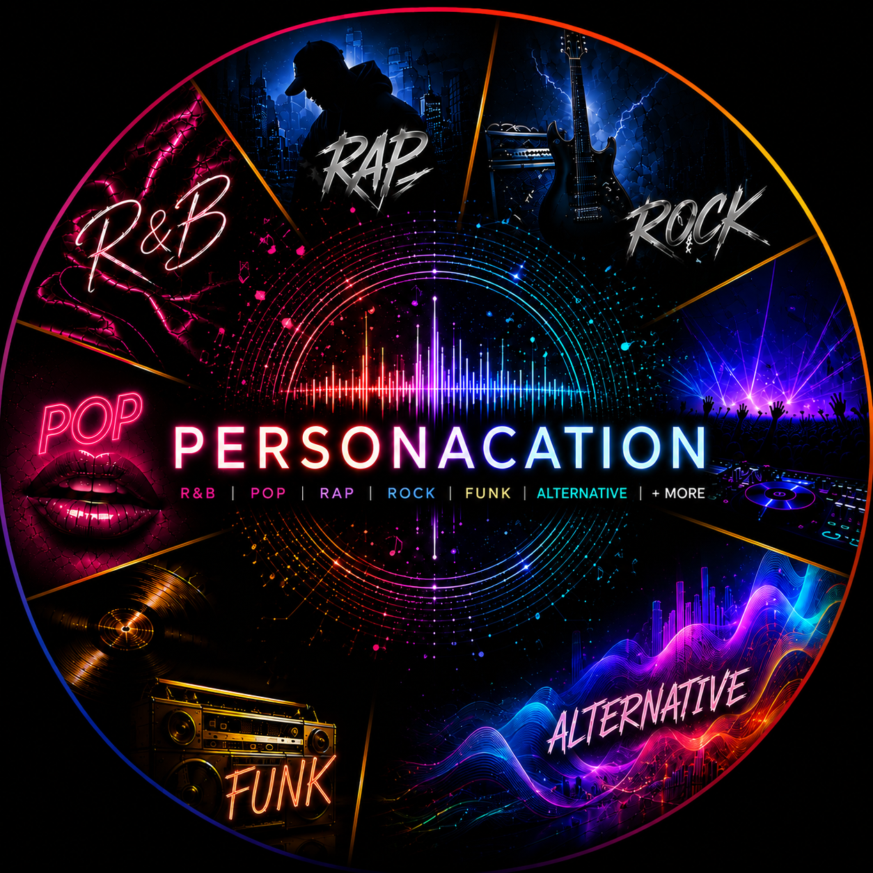 Personacation colored logo: Personacation multi-genre virtual music collective logo in a pink, purple and blue gradient.