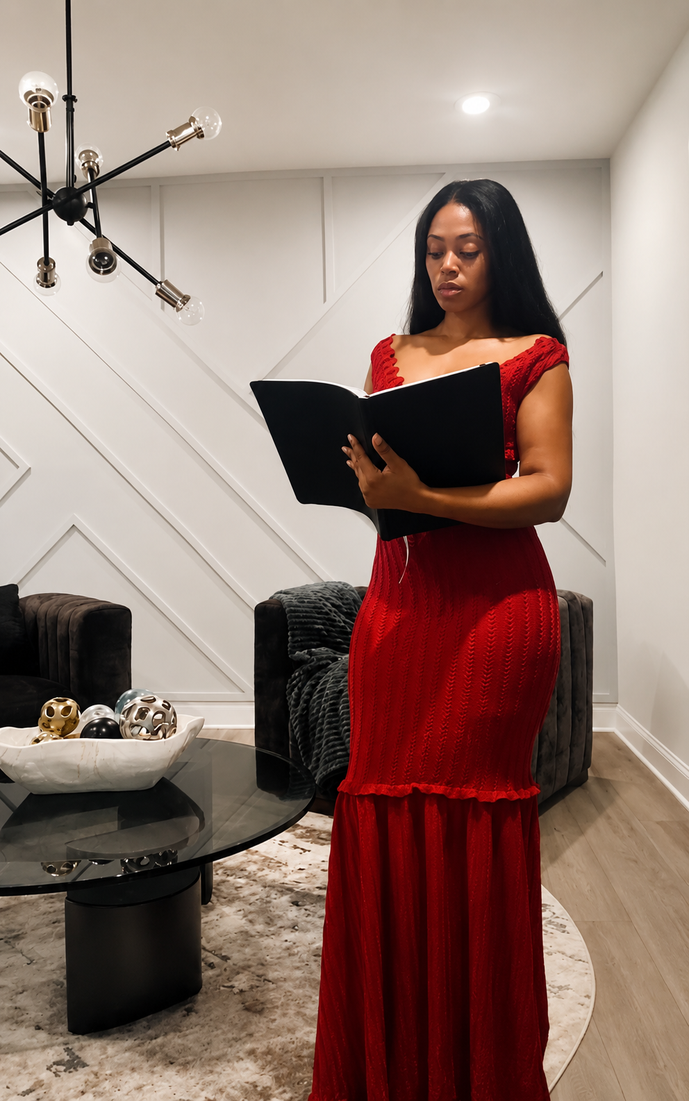 A woman in a red dress reading a black folder in a modern living room with a black and gold chandelier, a dark sofa, and decorative spheres on a glass table.