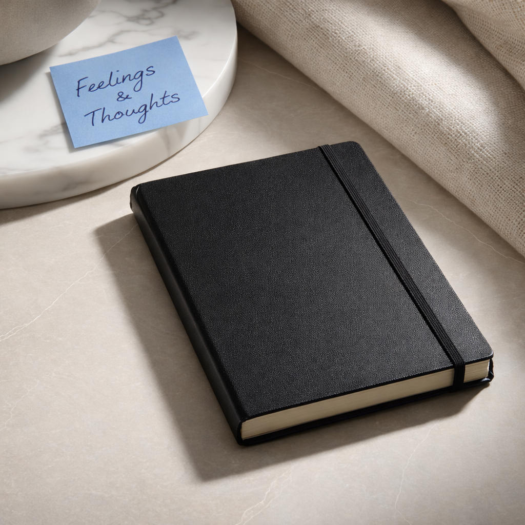A black notebook with an elastic strap on a light-colored marble surface, with a small blue sticky note reading 'Feelings & Thoughts' nearby.