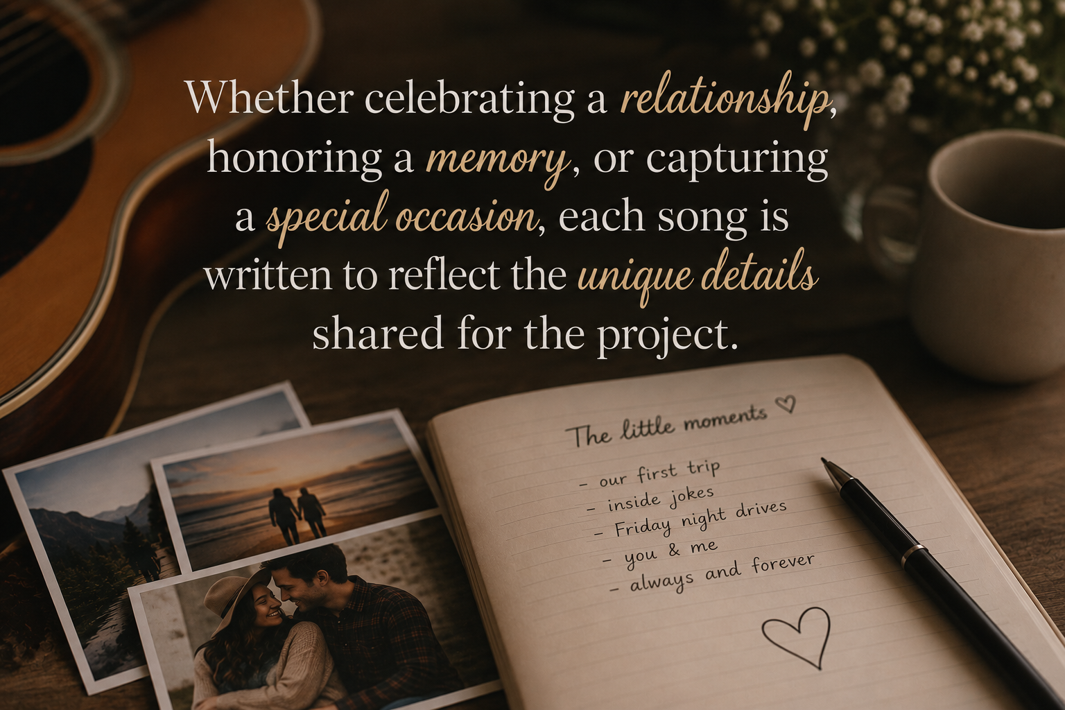 A table with a guitar, a cup of coffee, a notebook with handwritten notes titled 'The little moments,' some printed photographs of a couple outdoors at sunset, and a pen. Overlaid text describes celebrating relationships, memories, and special occasions.