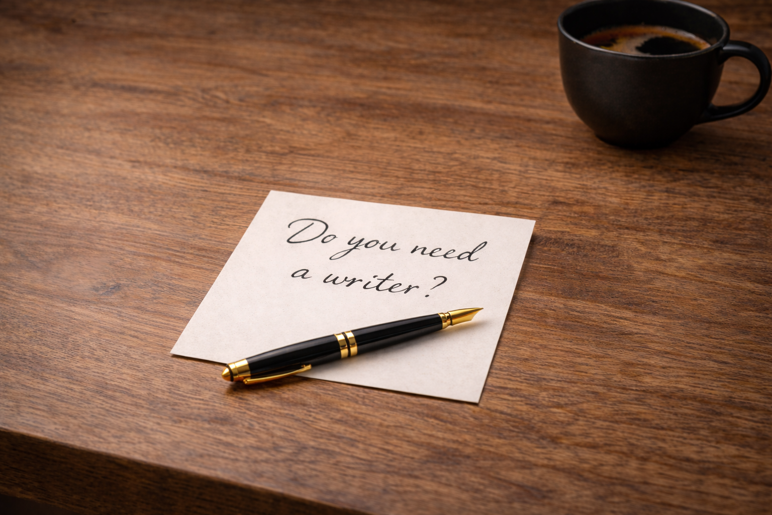 A note on a wooden table with the text 'Do you need a writer?' written on it, a black and gold pen placed on the note, and a black coffee mug in the background.
