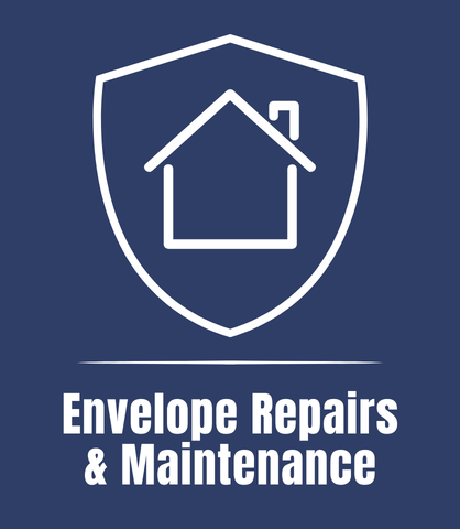 Logo featuring a house inside a shield, with the text "Envelope Repairs & Maintenance" beneath.