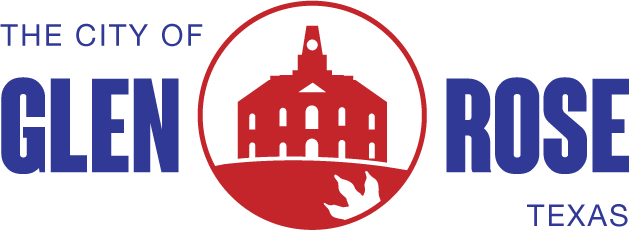 Logo of the city of Glen Rose, Texas, featuring a red depiction of the historic Gothic-style courthouse within a circle, with blue text.