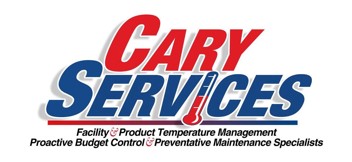 Logo for Cary Services with red and blue text, thermometer graphic, and description of services including temperature management, budget control, and maintenance.