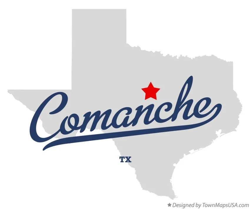 Grey silhouette of the state of Texas with the word 'Comanche' in cursive blue font across it, a red star above the 'n', and 'TX' below the word. Small text at bottom right says 'Designed by TownMapsUSA.com.'