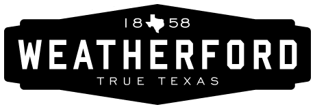 Weatherford logo with black background and white text, reading 'Weatherford True Texas', dated 1858.