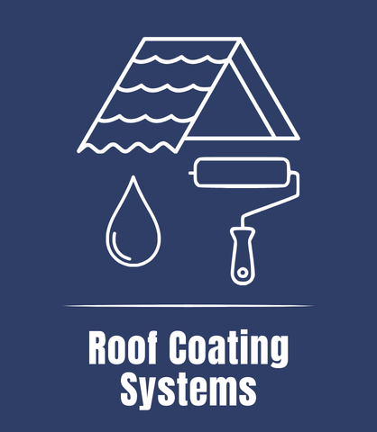 Illustration of roof coating systems, including a roof with a coating, a roller, and a water droplet.