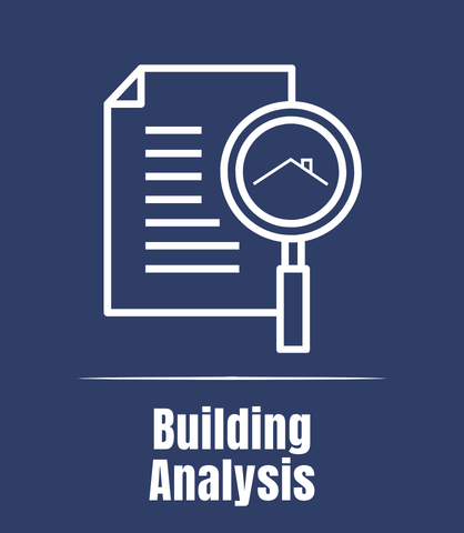 Icon of a document with a magnifying glass focusing on a house, with the text 'Building Analysis' below.