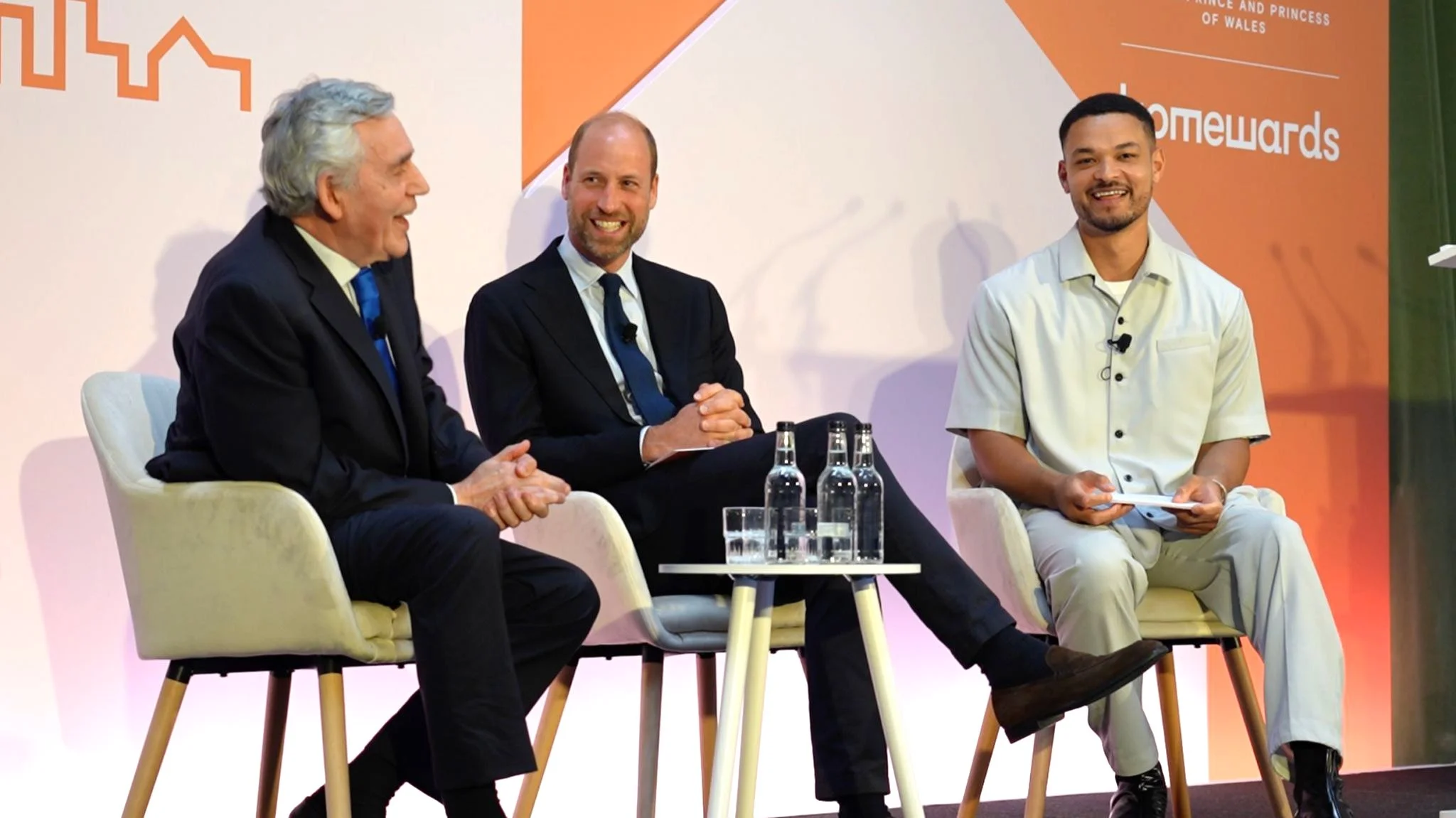 Former Prime Minister Gordon Brown in conversation with Prince William, the Prince of Wales and podcaster Steven Bartlett.