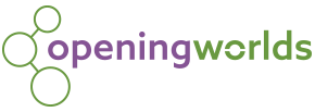 Logo with purple and green text reading 'opening worlds' with interconnected circles