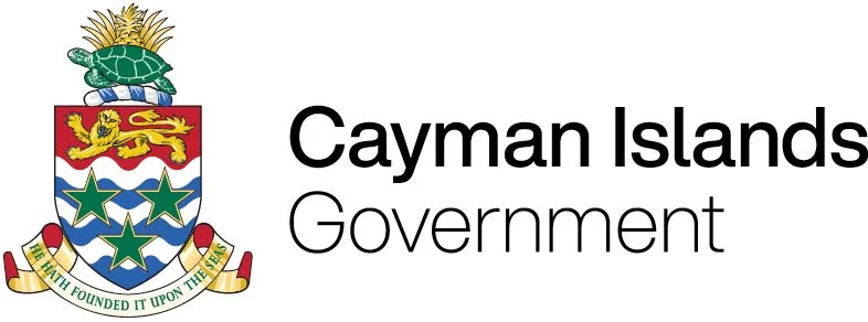 Cayman Islands government logo with a shield featuring a turtle, a lion, green stars, and a banner reading "Hath Founded It Upon The Seas".