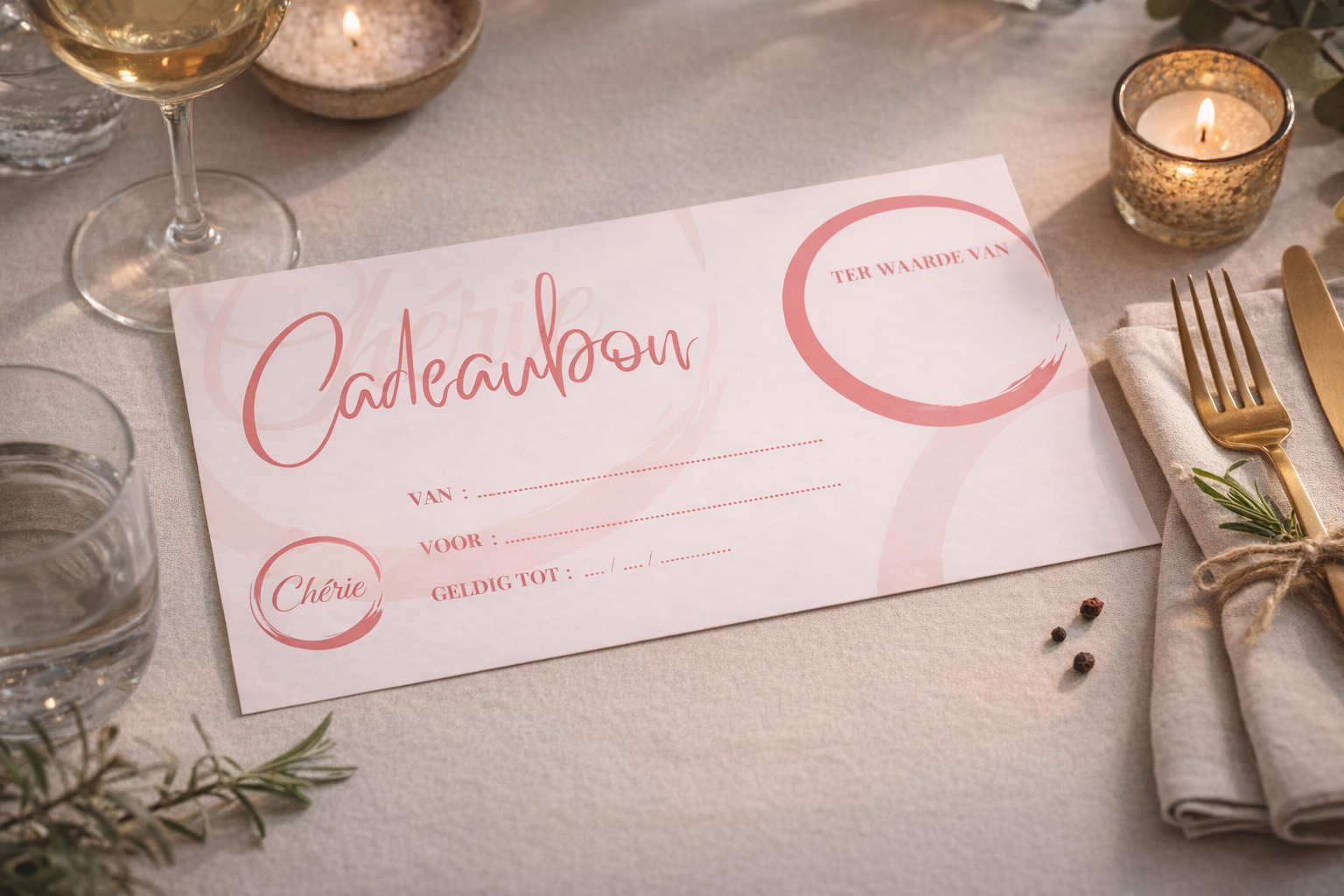 Tafelstuk voor een huwelijk met een roze cadeaukaart voor bruid Cherie, omringd door wijnglas, waterglas, kaarshouder, bestek en groene takjes met peperkorrels.
