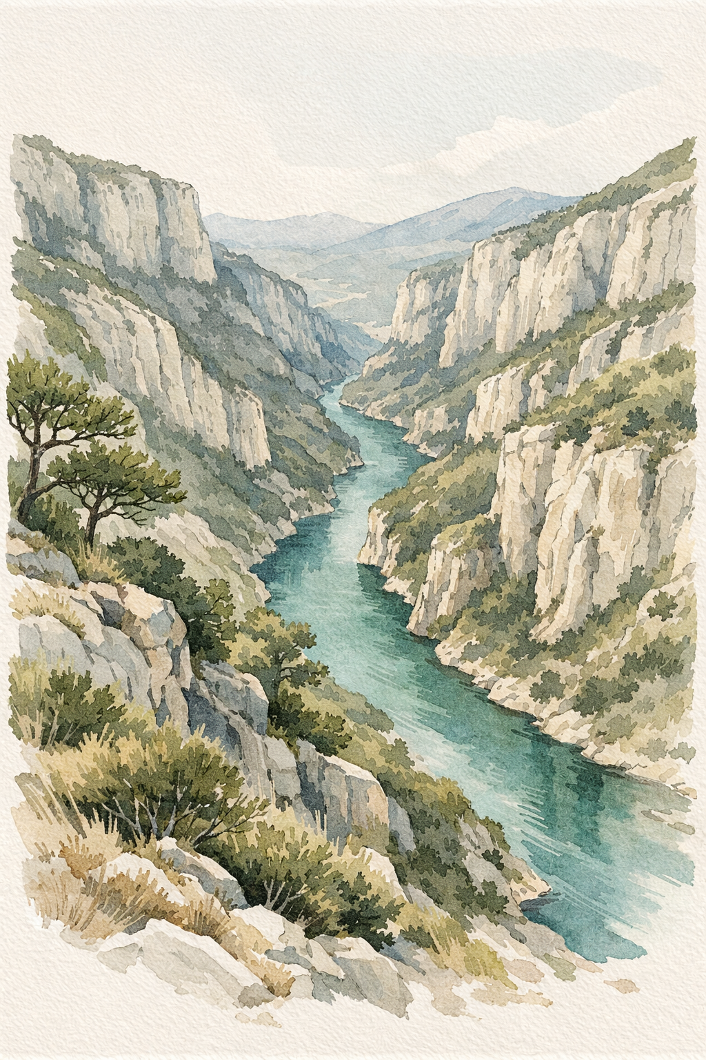 Peinture d'une vallée avec une rivière serpentant entre des falaises rocheuses, avec quelques arbres verts au premier plan.