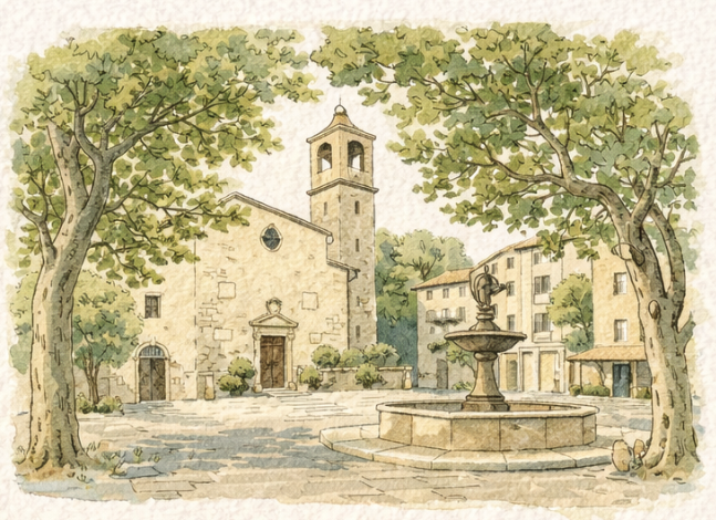 Une place de village avec une vieille église en pierre, une fontaine centrale, des arbres et des bâtiments résidentiels.