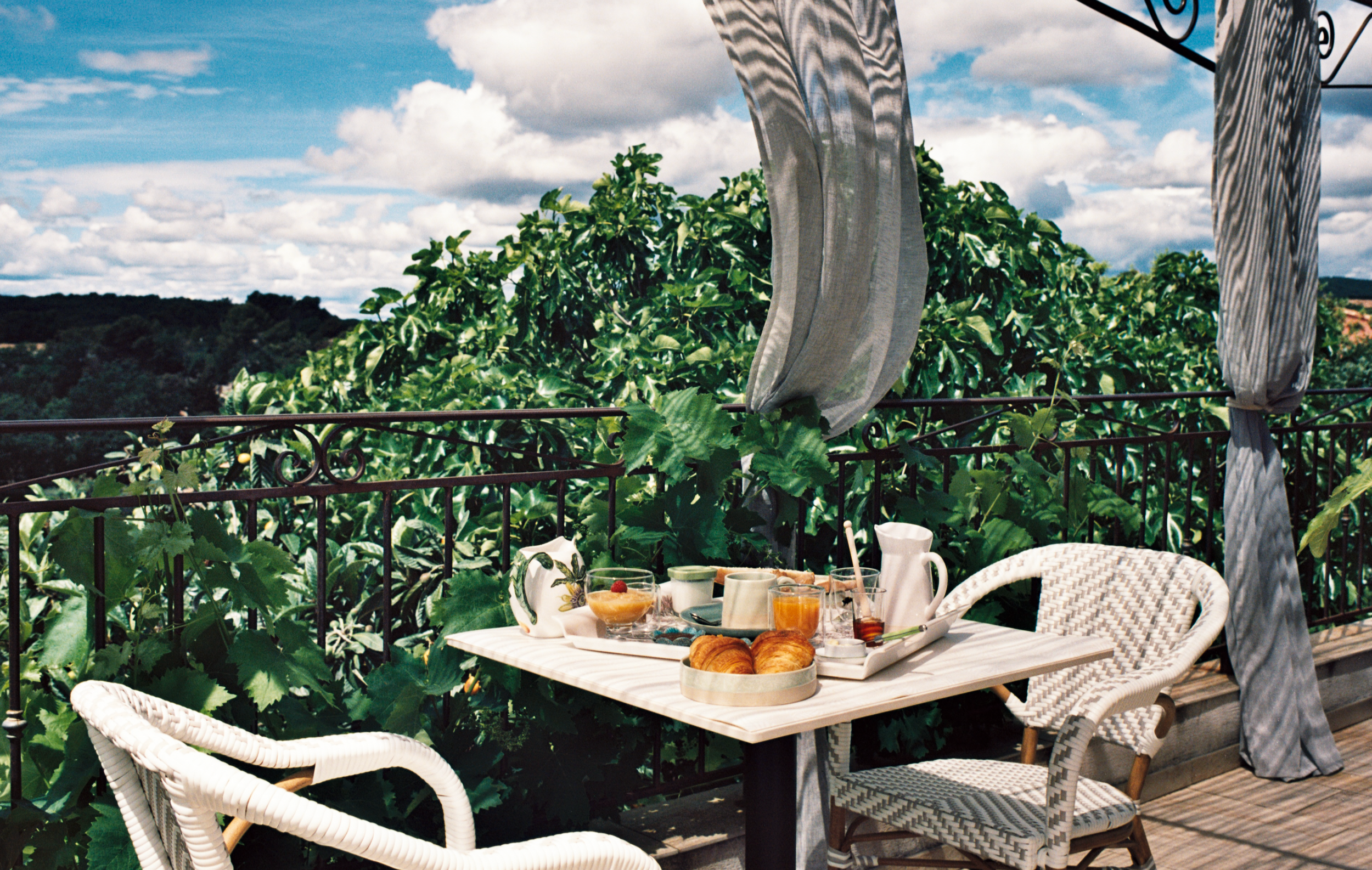 Petit-déjeuner sur une terrasse arborée