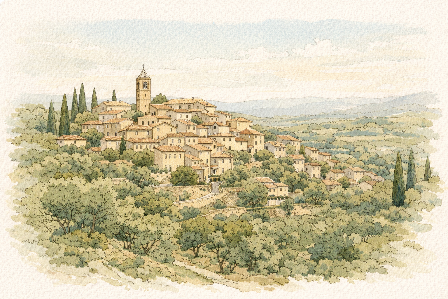 Paysage de village de Toscane avec maisons en pierre, clocher d'église, arbres et collines en arrière-plan, en style aquarelle.