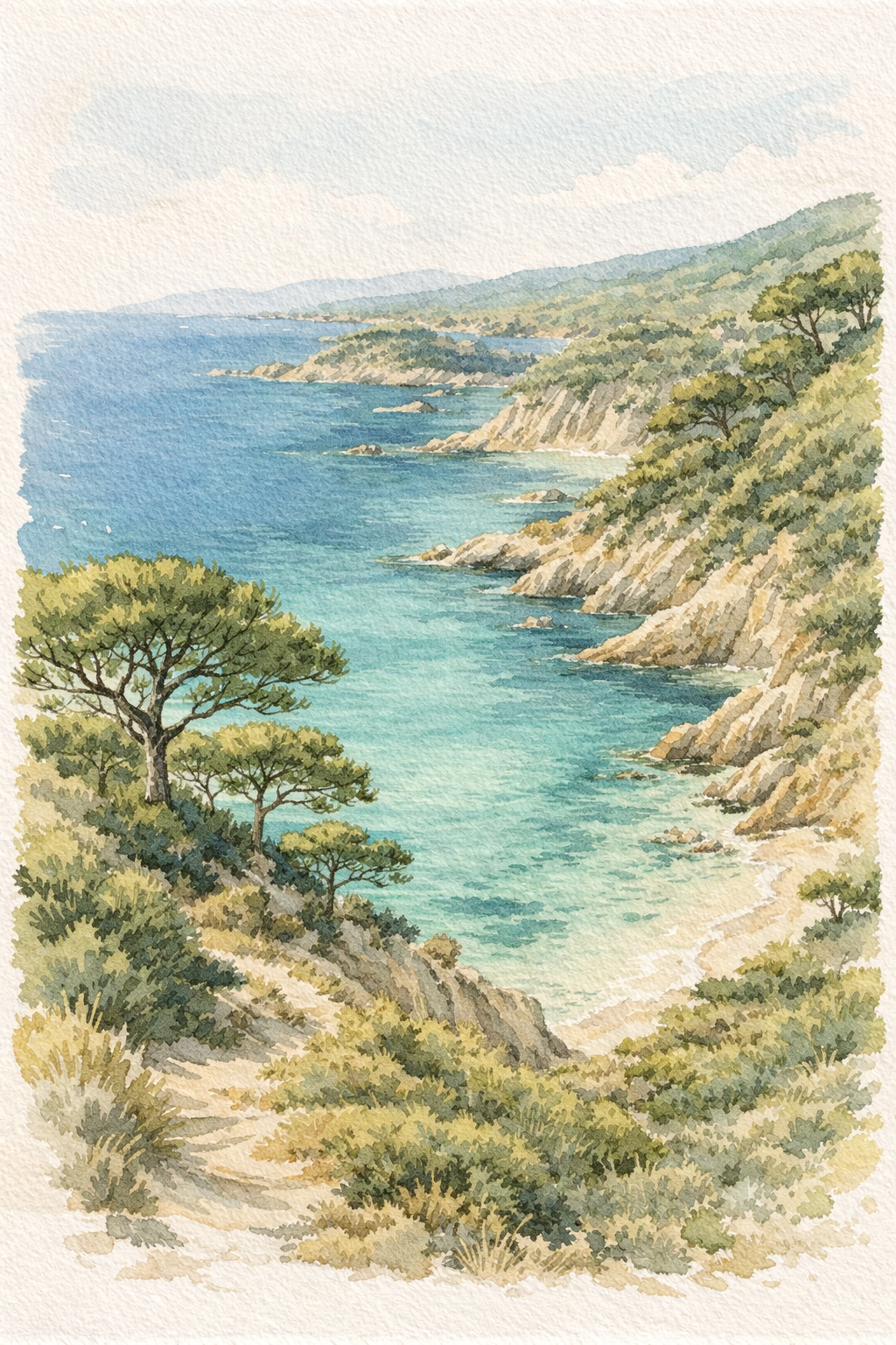Paysage côtier avec des falaises rocheuses, des arbres verts, et la mer turquoise sous un ciel bleu avec des nuages.