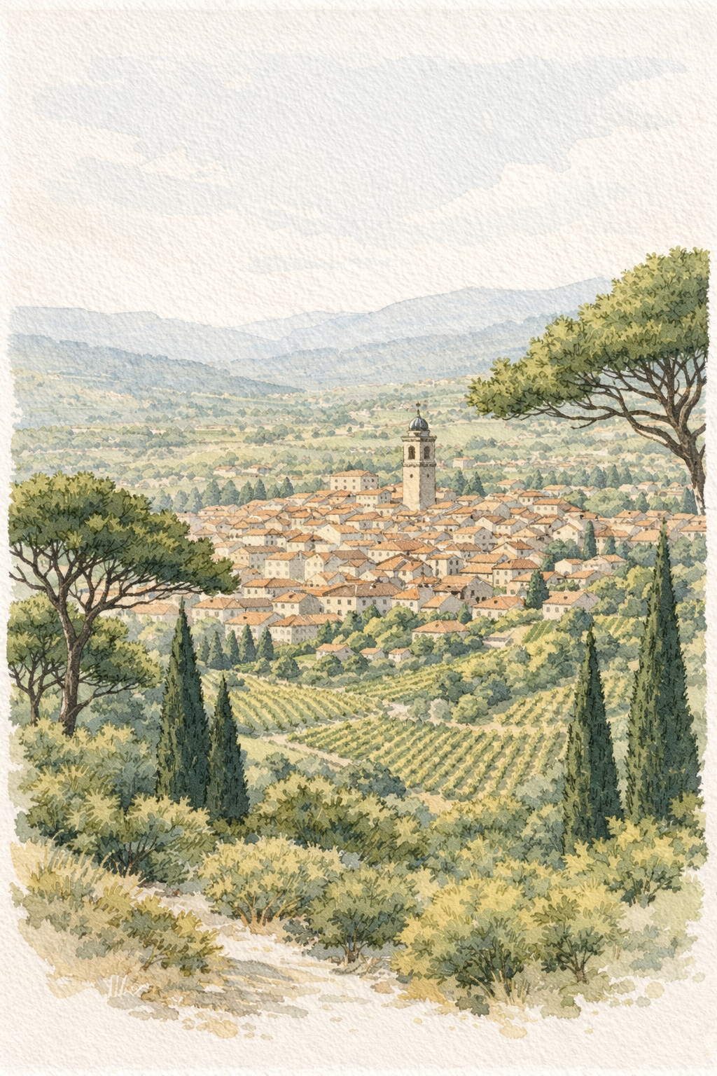 Paysage de campagne avec un village et une tour au centre, entouré de vignes et de collines, avec des arbres en premier plan et des montagnes en arrière-plan.