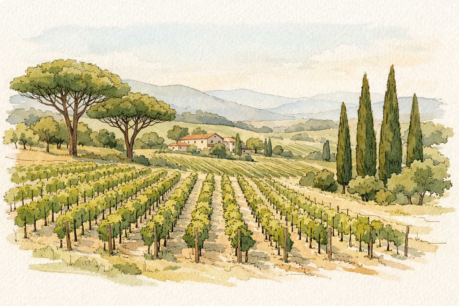 Paysage de vignoble avec des rangs de vignes, des arbres et des collines en arrière-plan, dans une style aquarelle.