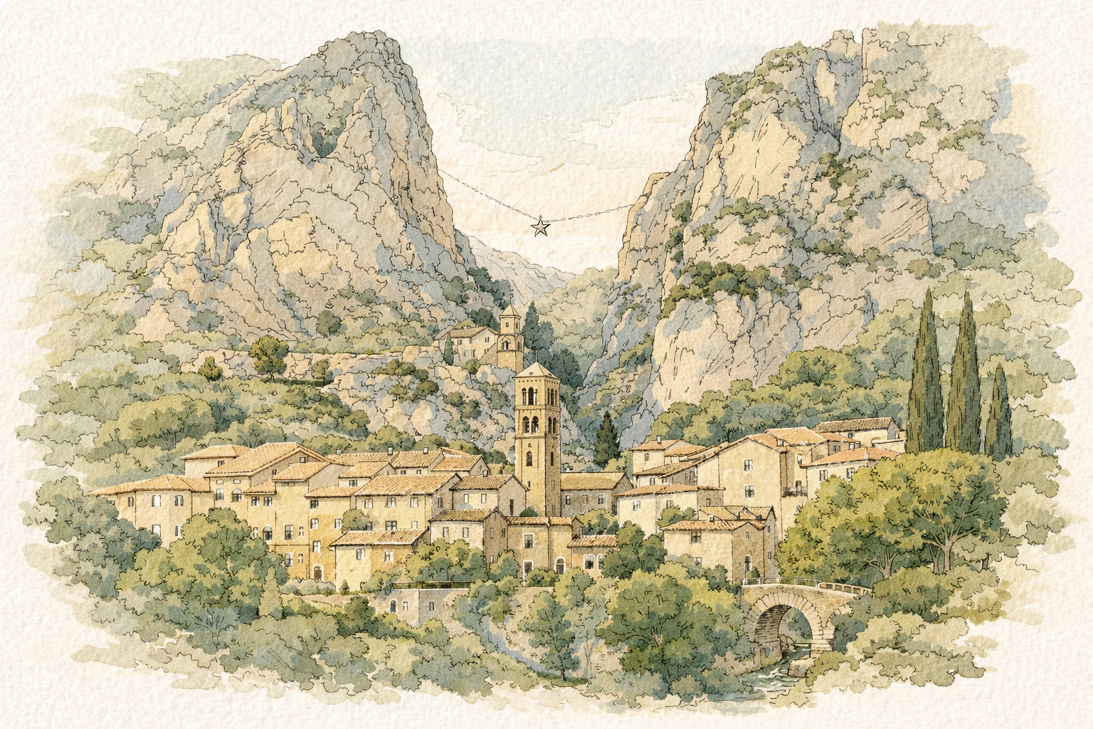 Peinture d'un village médiéval dans une vallée entourée de montagnes rocheuses, avec une église et un pont en pierre.