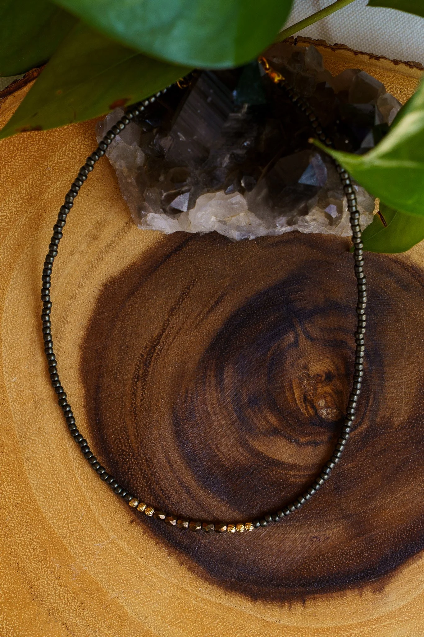 Brown Bead | Black and Gold Seed Bead Necklace | 18k Gold PVD Findings