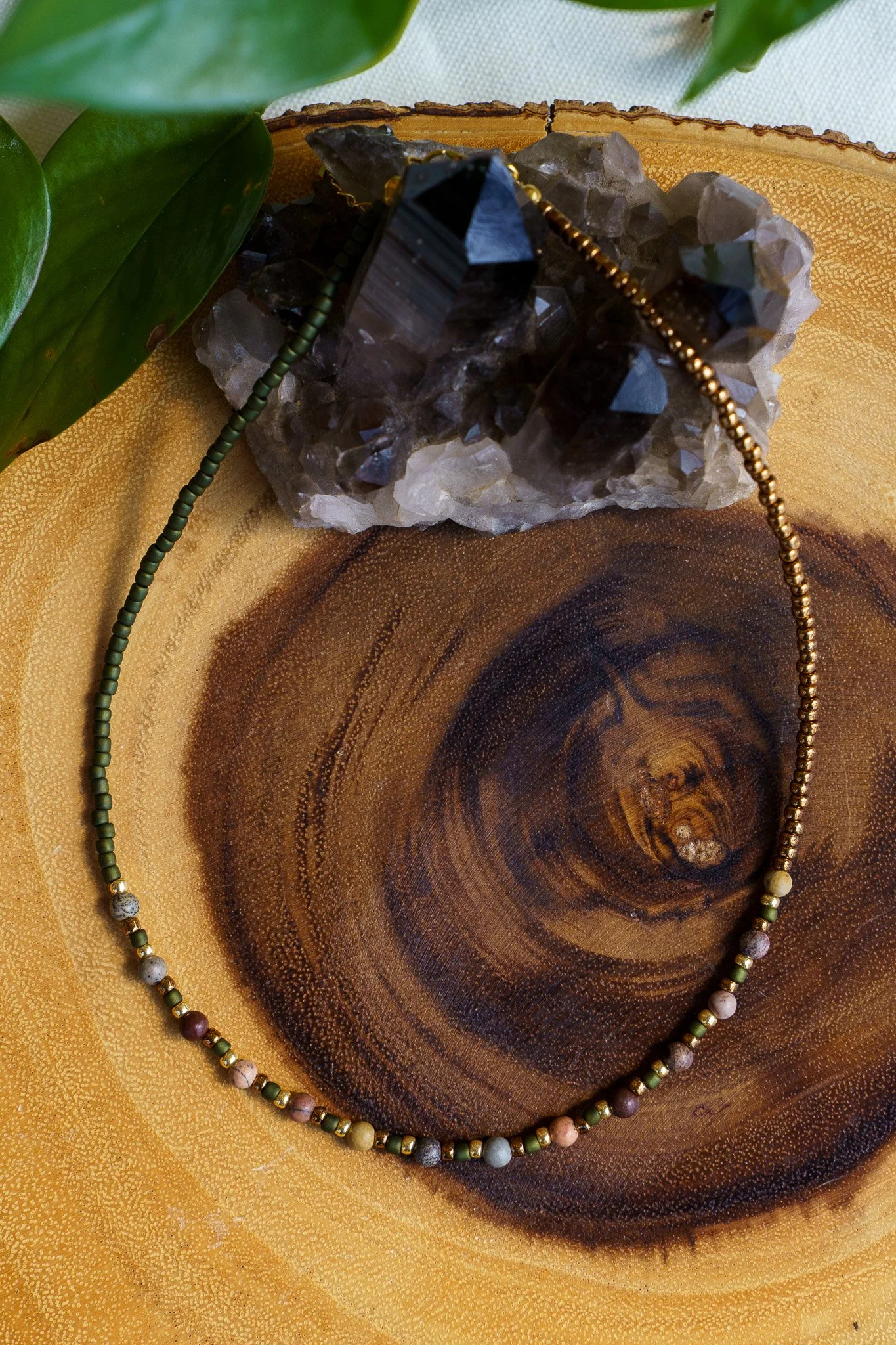 Pink Zebra Jasper Stone | Green + Gold Seed Bead Necklace | 18k Gold PVD Findings