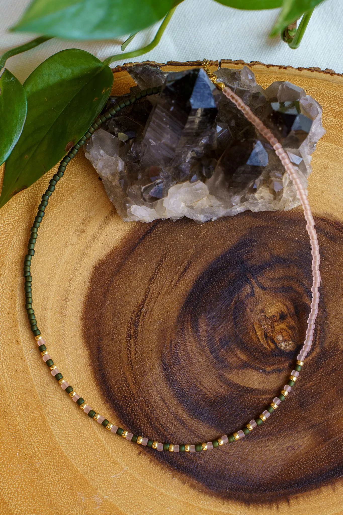 Green, Pink, and Gold Seed Bead Necklace | 18k Gold PVD Findings