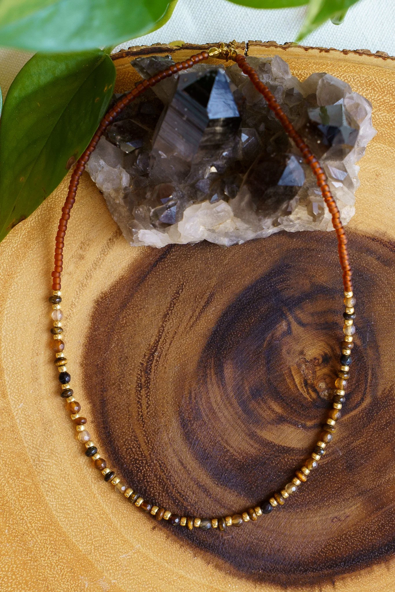 Tiger's Eye Stone | Rust Brown + Gold Seed Bead Necklace | 18k Gold PVD Findings