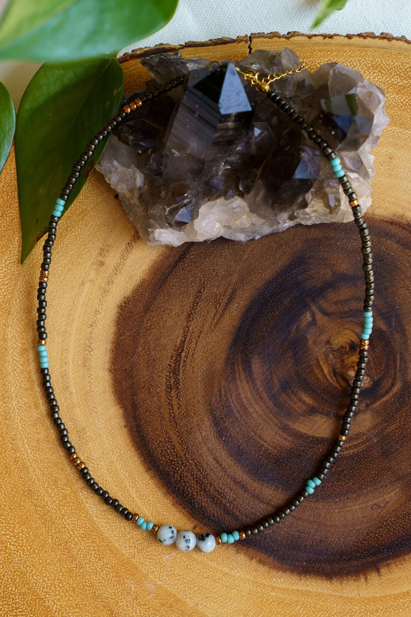 3 Kiwi Jasper Stones | Black + Bronze Seed Bead Necklace | 18k Gold PVD Findings