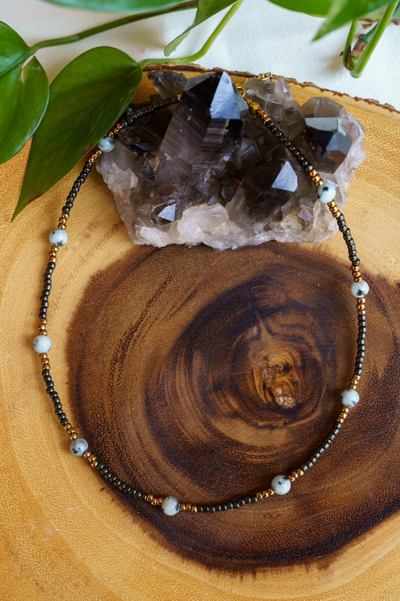 Kiwi Jasper Stone | Black + Bronze Seed Bead Necklace | 18k Gold PVD Findings