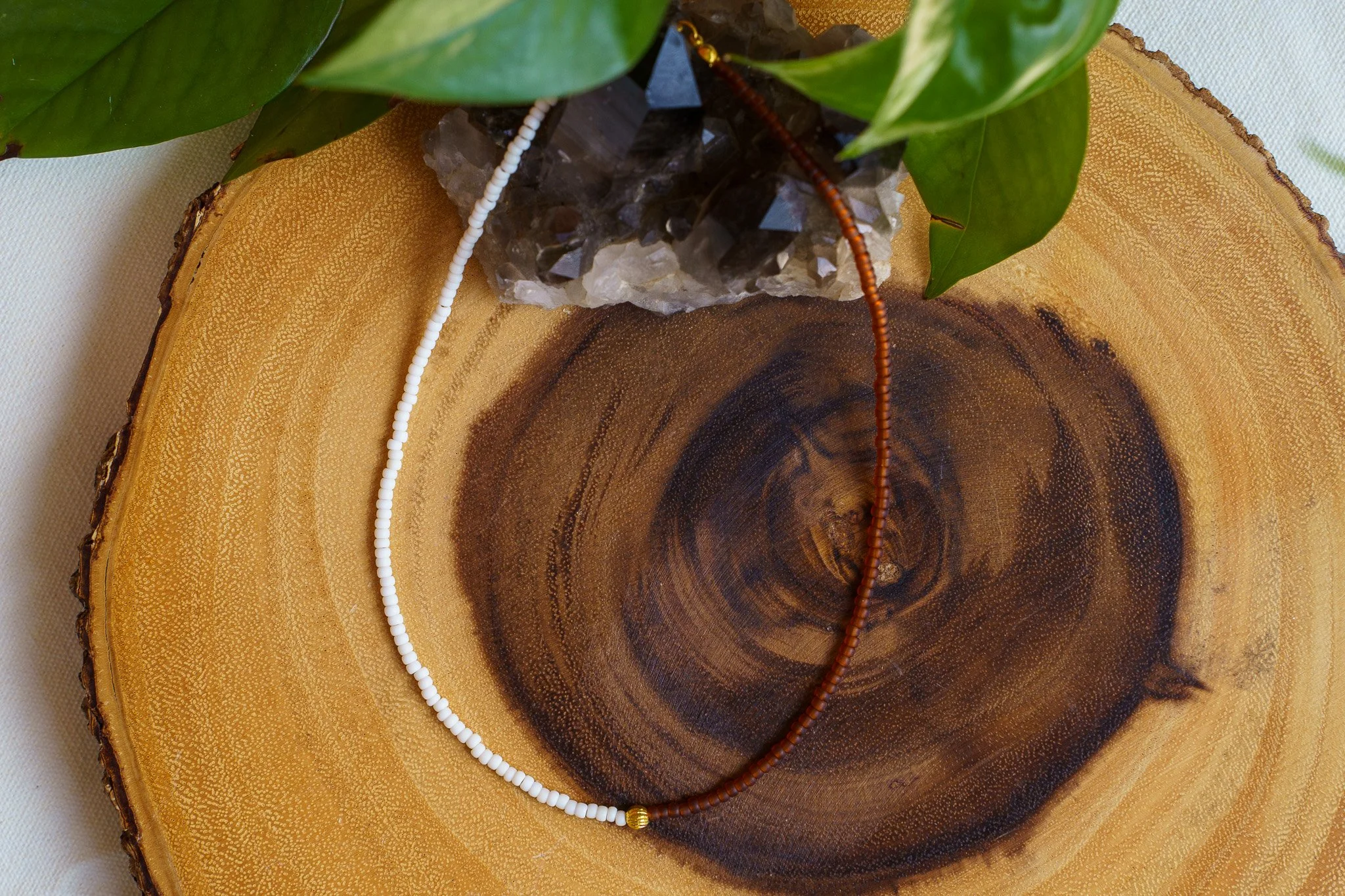 White, Rust Brown, and Gold Seed Bead Necklace | 18k Gold PVD Findings