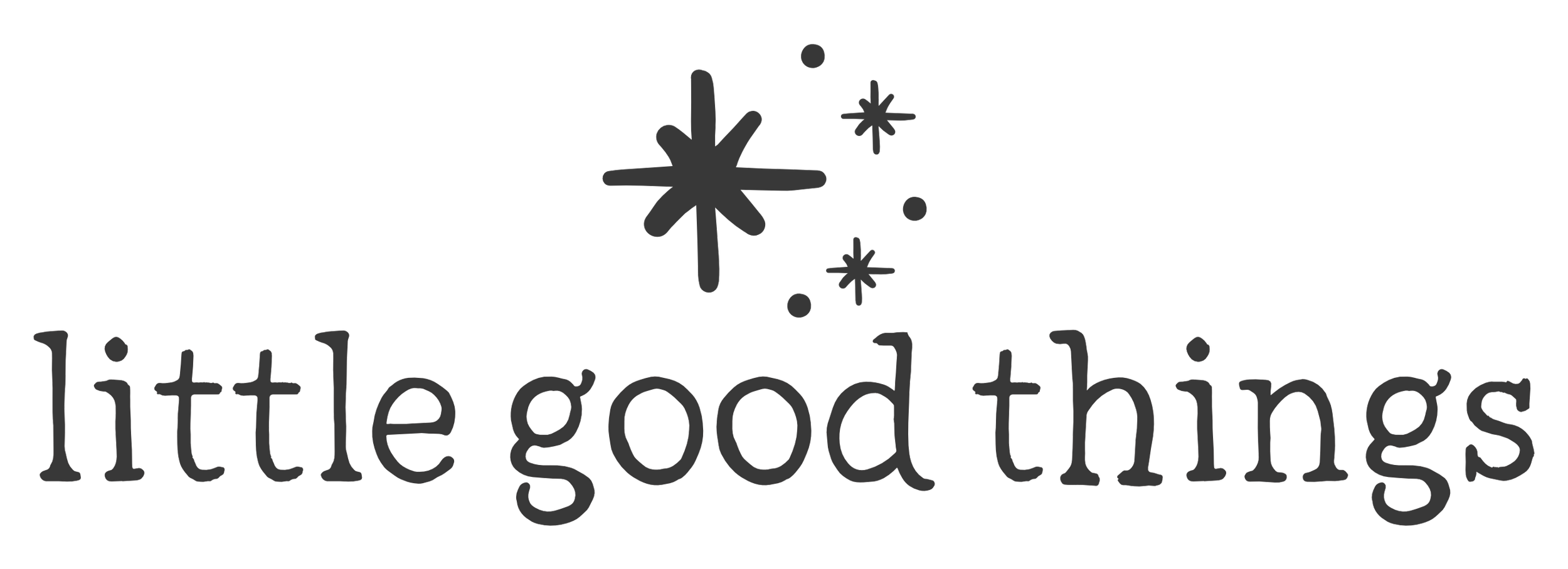 Black graphic with the words "little good things" and star designs above the text.