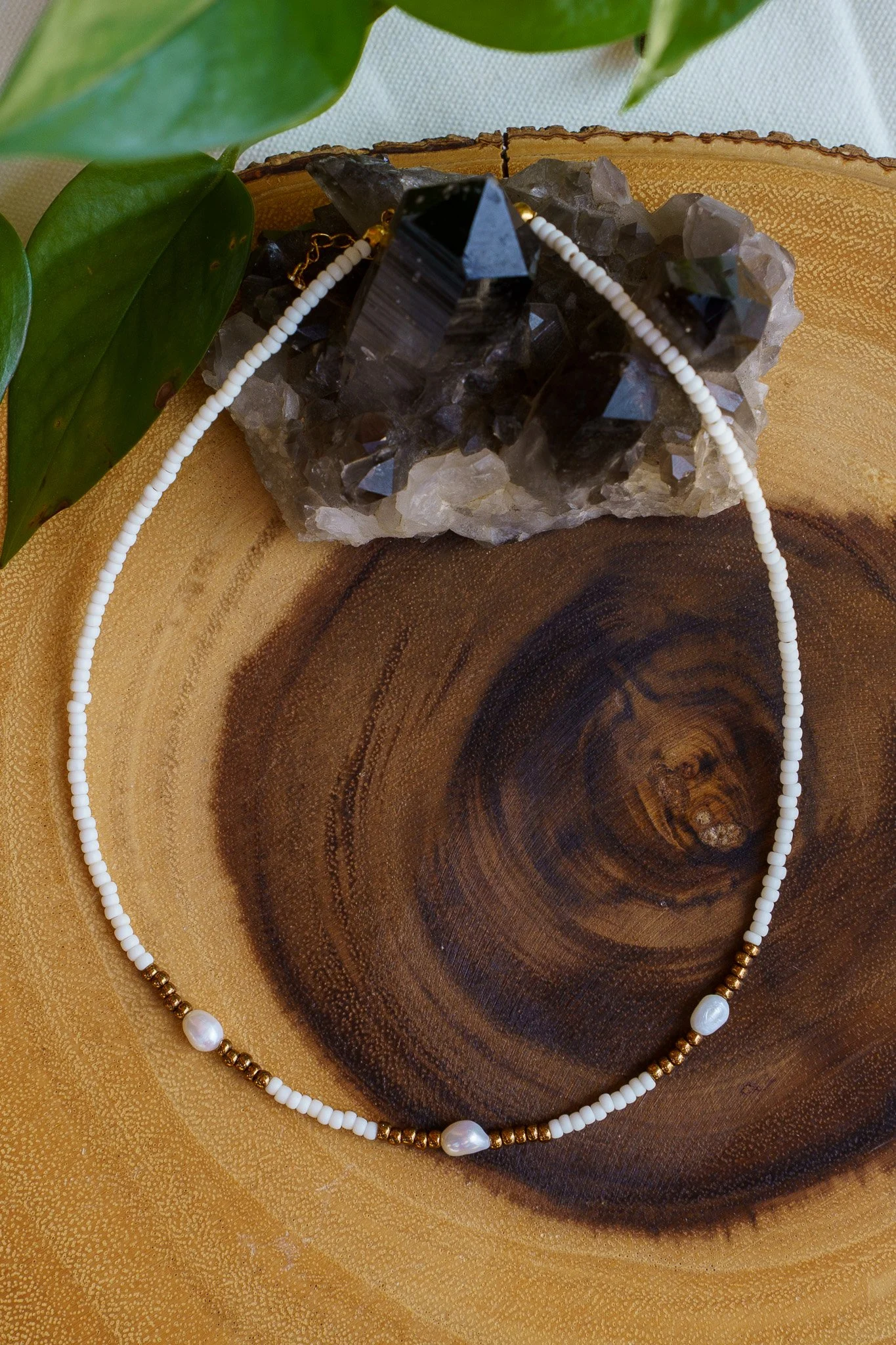 3 White Pearls | White + Bronze Seed Bead Necklace | 18k Gold PVD Findings