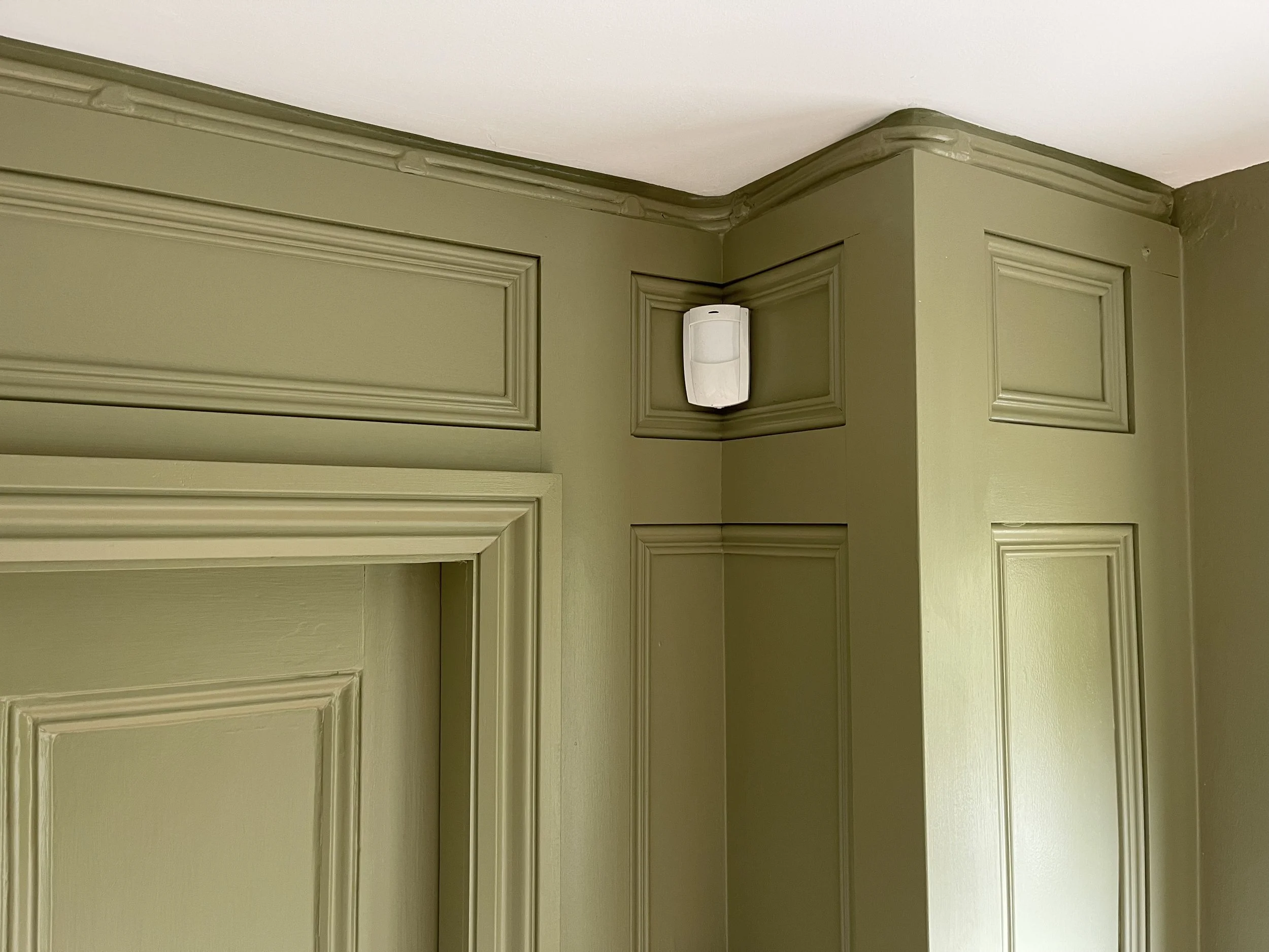 A corner of a room with olive green painted walls, decorative molding, and a white air vent or speaker mounted near the ceiling.
