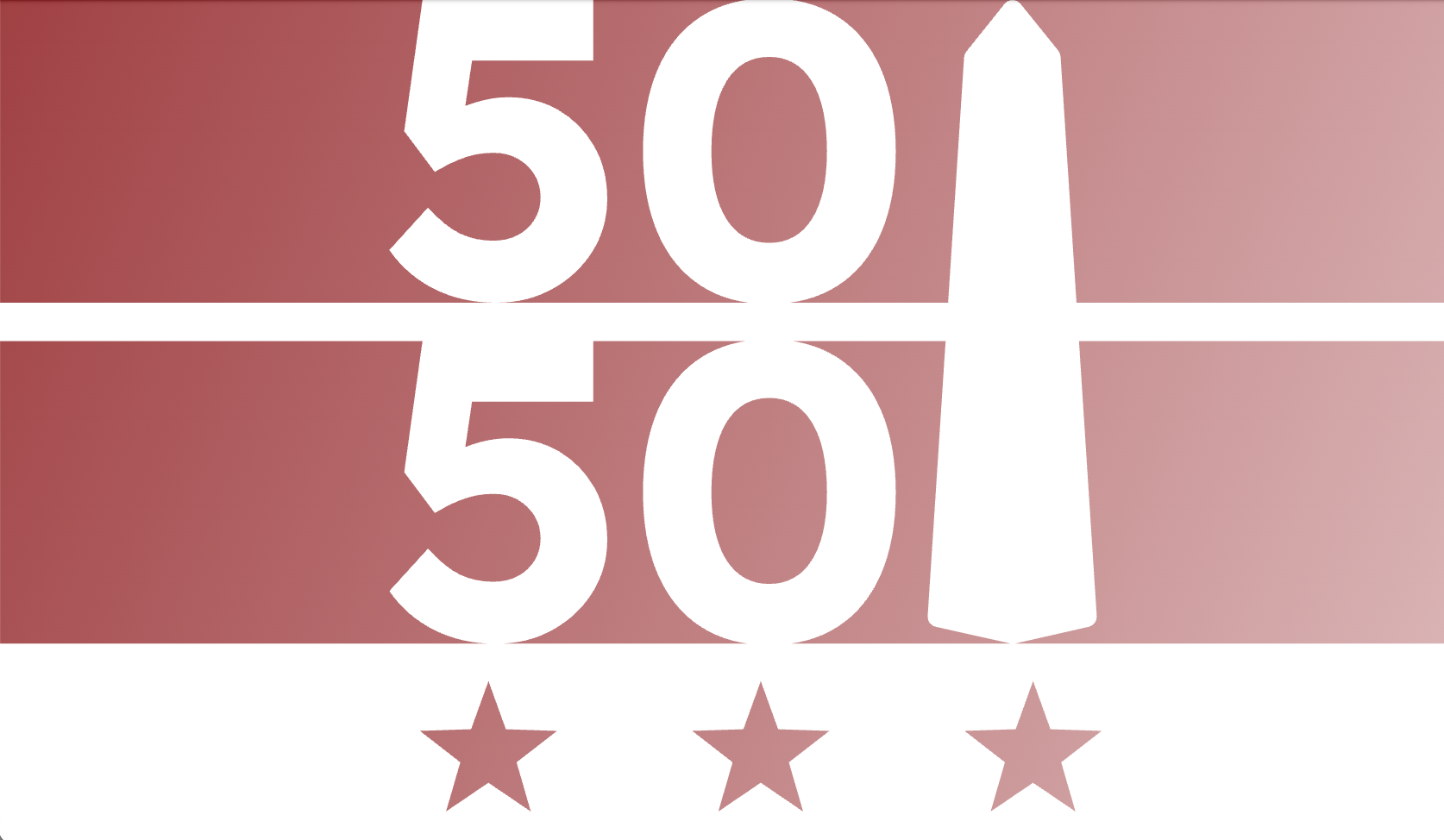 The 50-50-1 DC logo featuring a maroon background with a horizontal white stripe. Large white numbers '50' are in the top and bottom maroon stripes, next to an icon of the Washington monument and above three DC stars. 