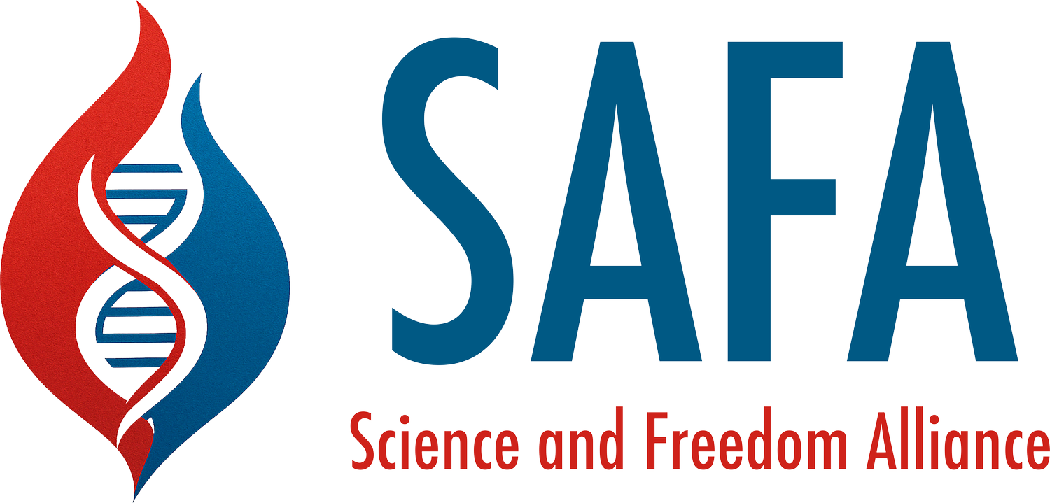SAFA logo with a stylized DNA strand, red and blue flames, and the text "SAFA" and "Science and Freedom Alliance" in red underneath.