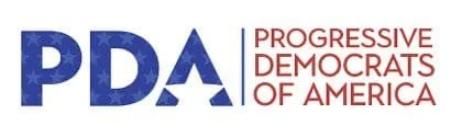 Logo of the Progressive Democrats of America with a stylized blue 'PDA' and the full name written in red.