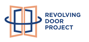 Logo for Revolving Door Project featuring an open door icon and text.